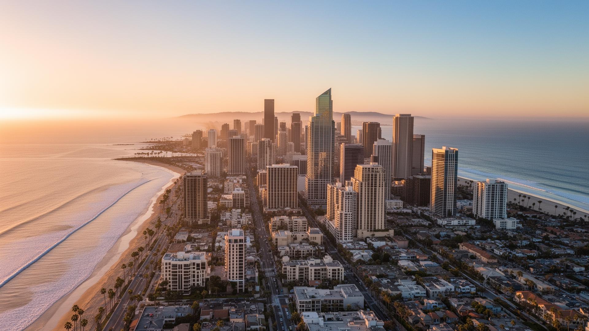 San Diego skyline at golden hour with coastline